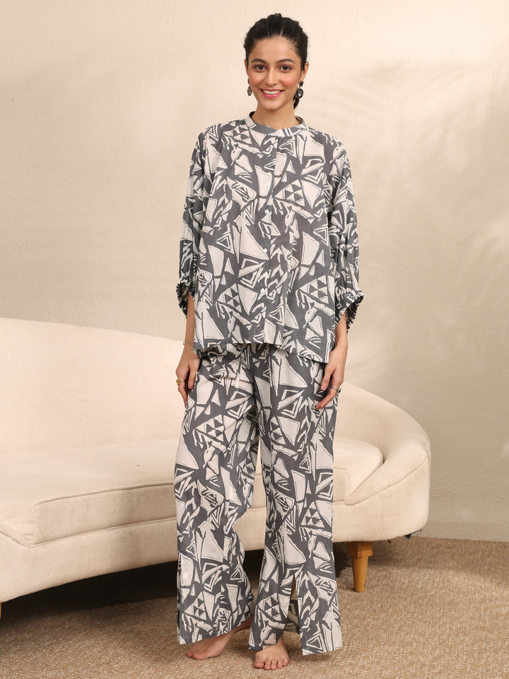Grey Printed Cotton Night Suit