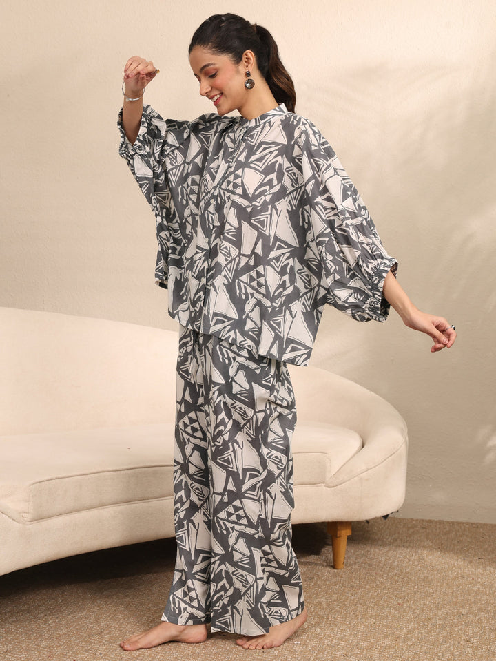 Grey Printed Cotton Night Suit