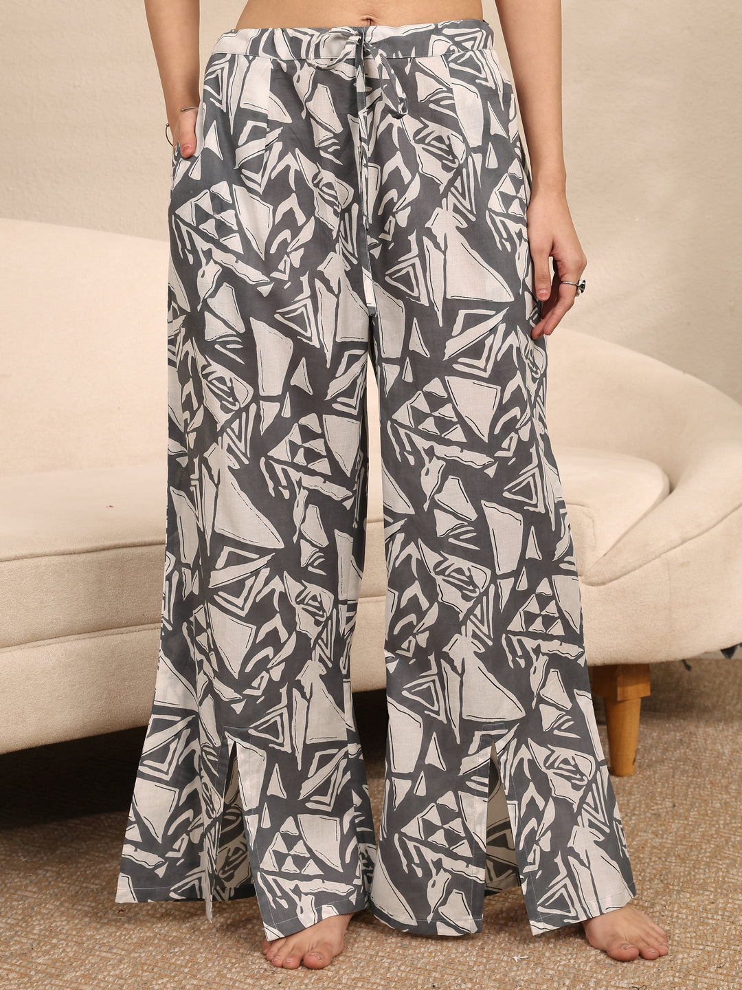 Grey Printed Cotton Night Suit