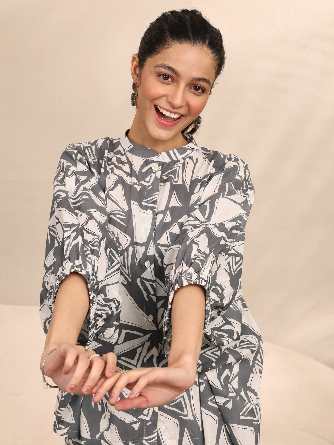 Grey Printed Cotton Night Suit