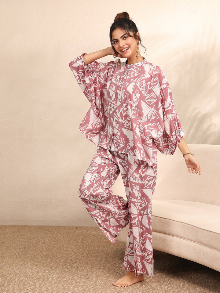Mauve Printed Cotton Night Suit