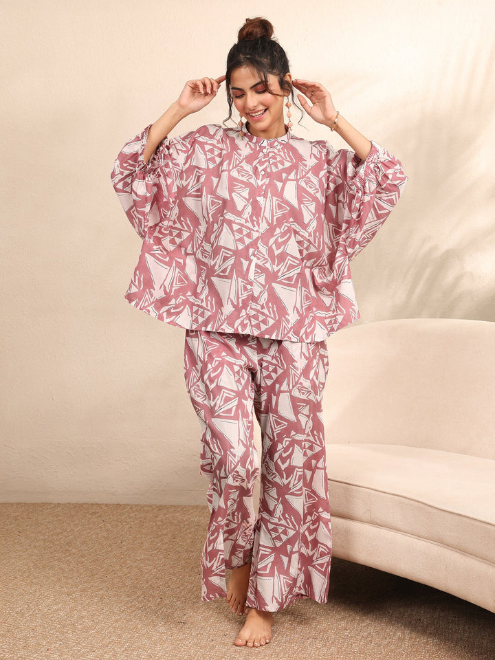 Mauve Printed Cotton Night Suit