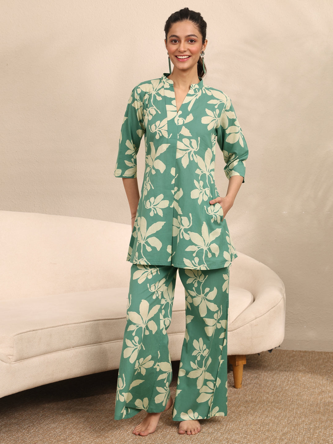 Green Printed Cotton Night Suit