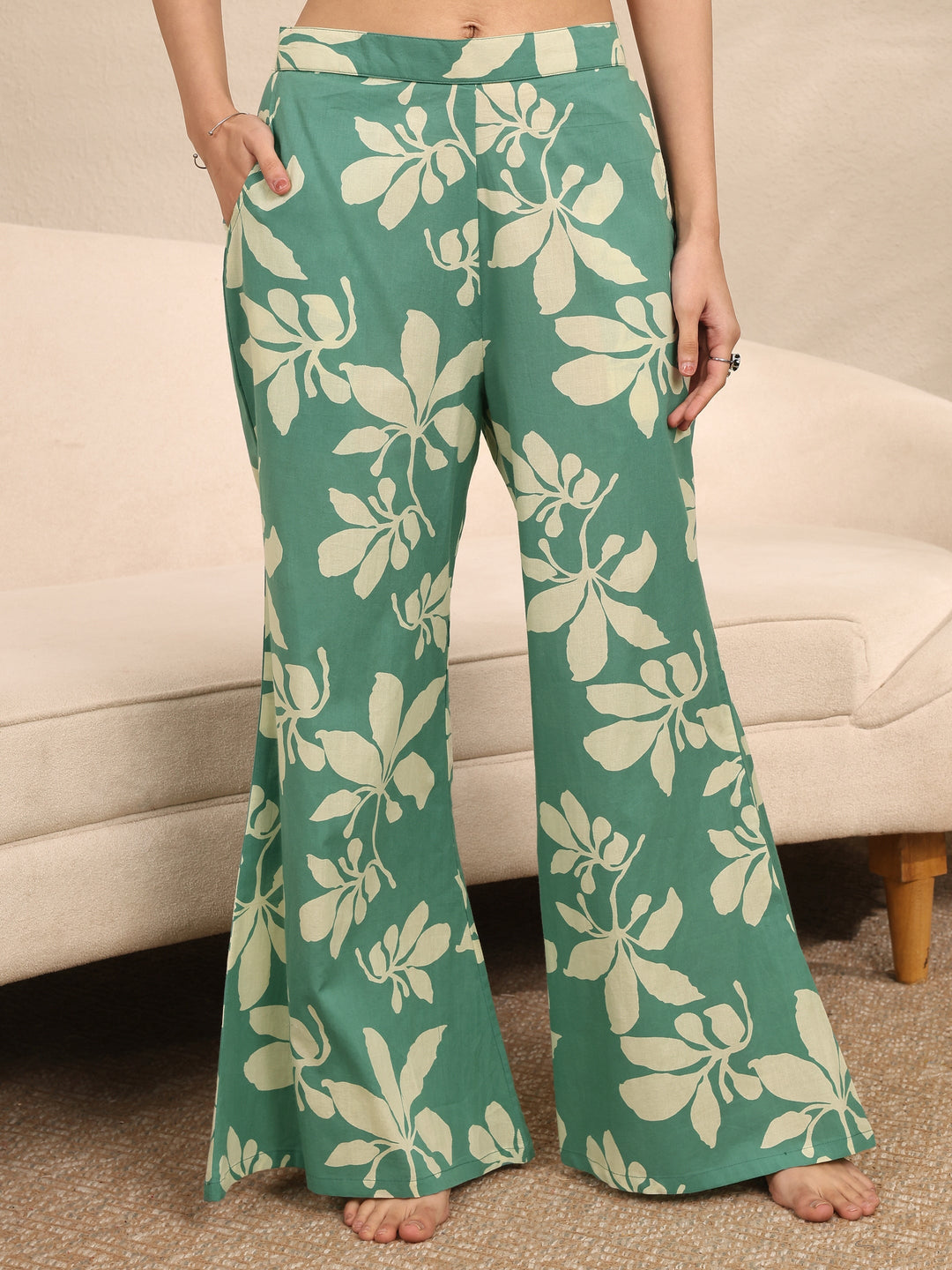 Green Printed Cotton Night Suit