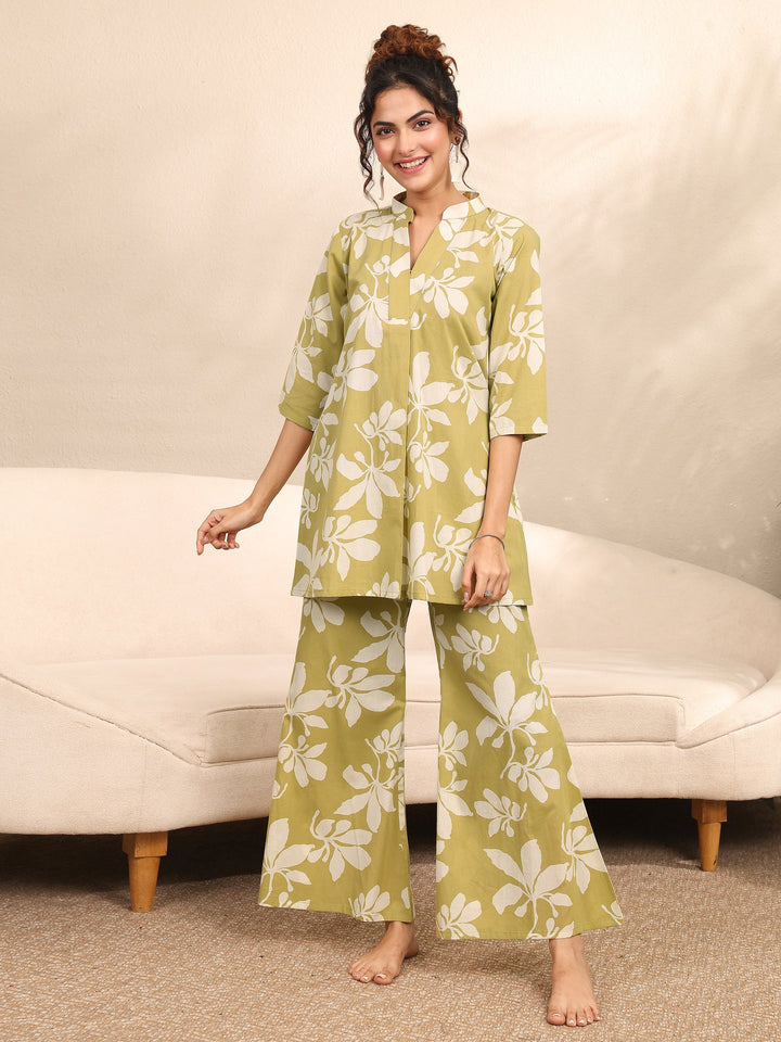 Lime Green Printed Cotton Night Suit