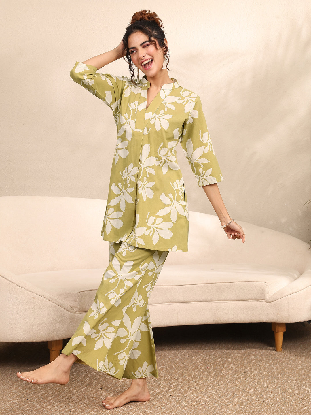 Lime Green Printed Cotton Night Suit