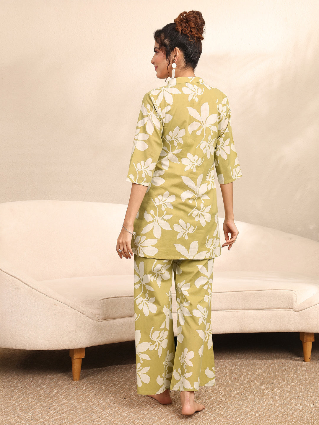 Lime Green Printed Cotton Night Suit
