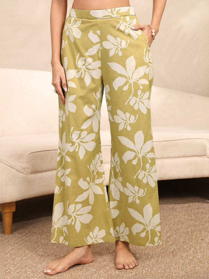 Lime Green Printed Cotton Night Suit