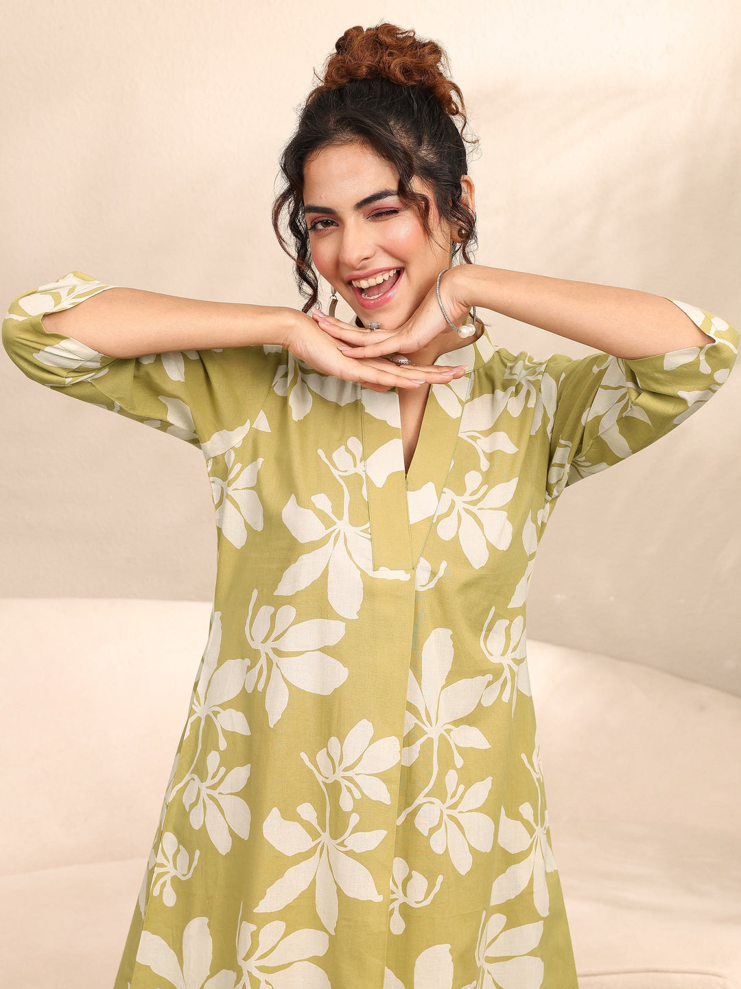 Lime Green Printed Cotton Night Suit