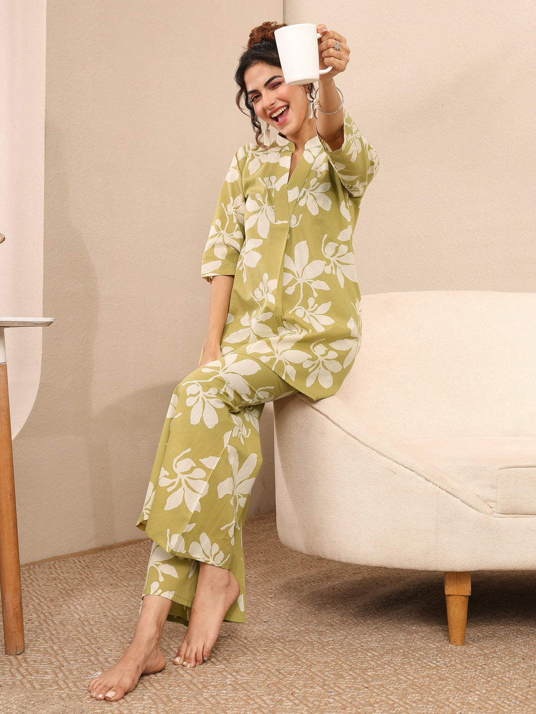 Lime Green Printed Cotton Night Suit
