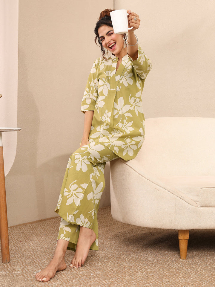 Lime Green Printed Cotton Night Suit