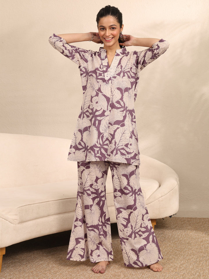 Purple Printed Cotton Night Suit