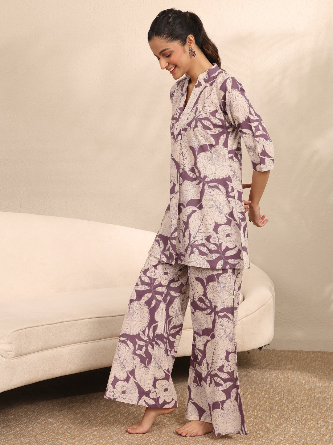 Purple Printed Cotton Night Suit