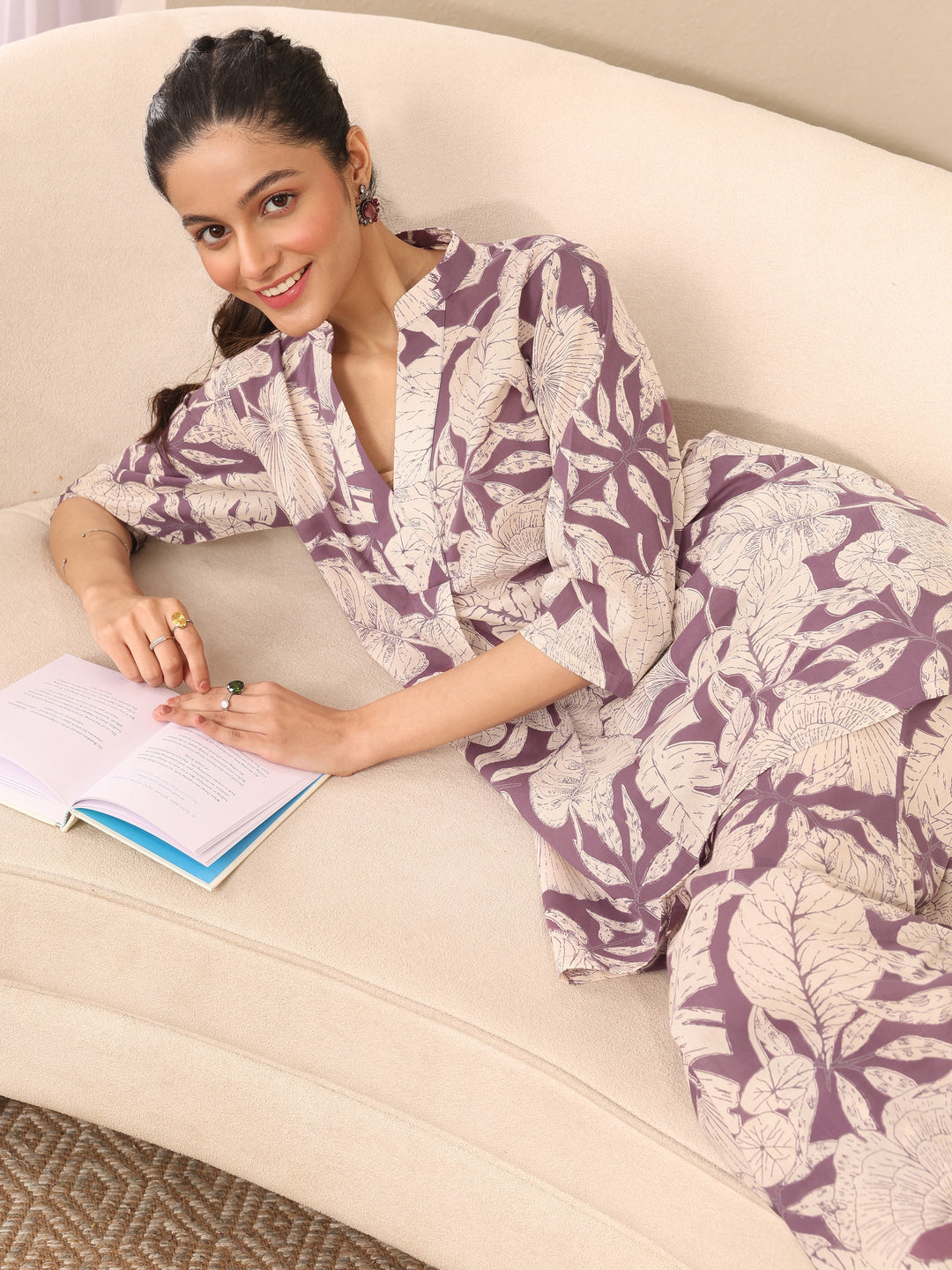 Purple Printed Cotton Night Suit