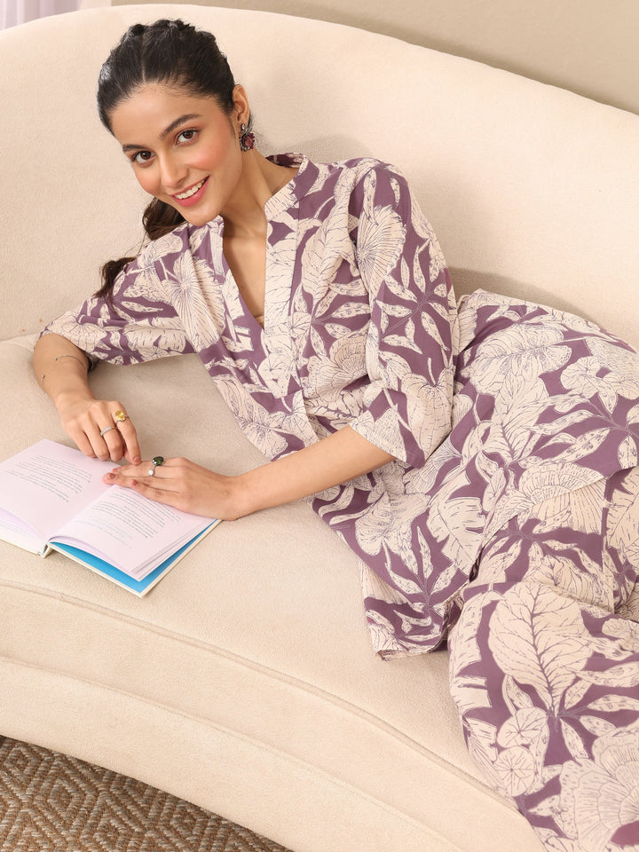 Purple Printed Cotton Night Suit