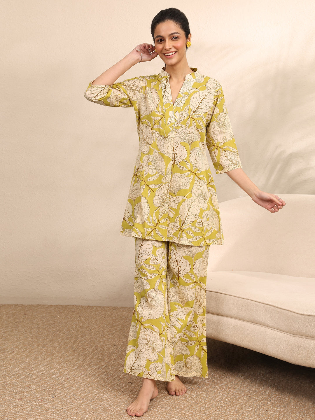 Green Printed Cotton Night Suit