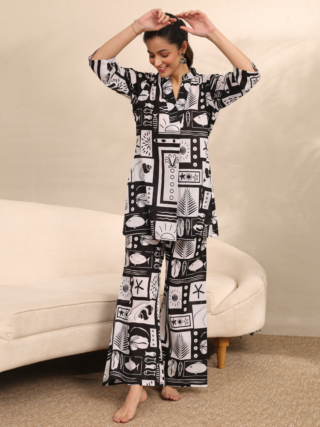 Black Printed Cotton Night Suit