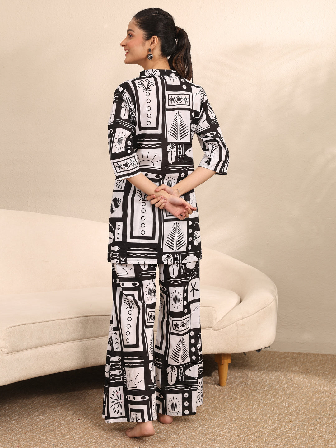 Black Printed Cotton Night Suit