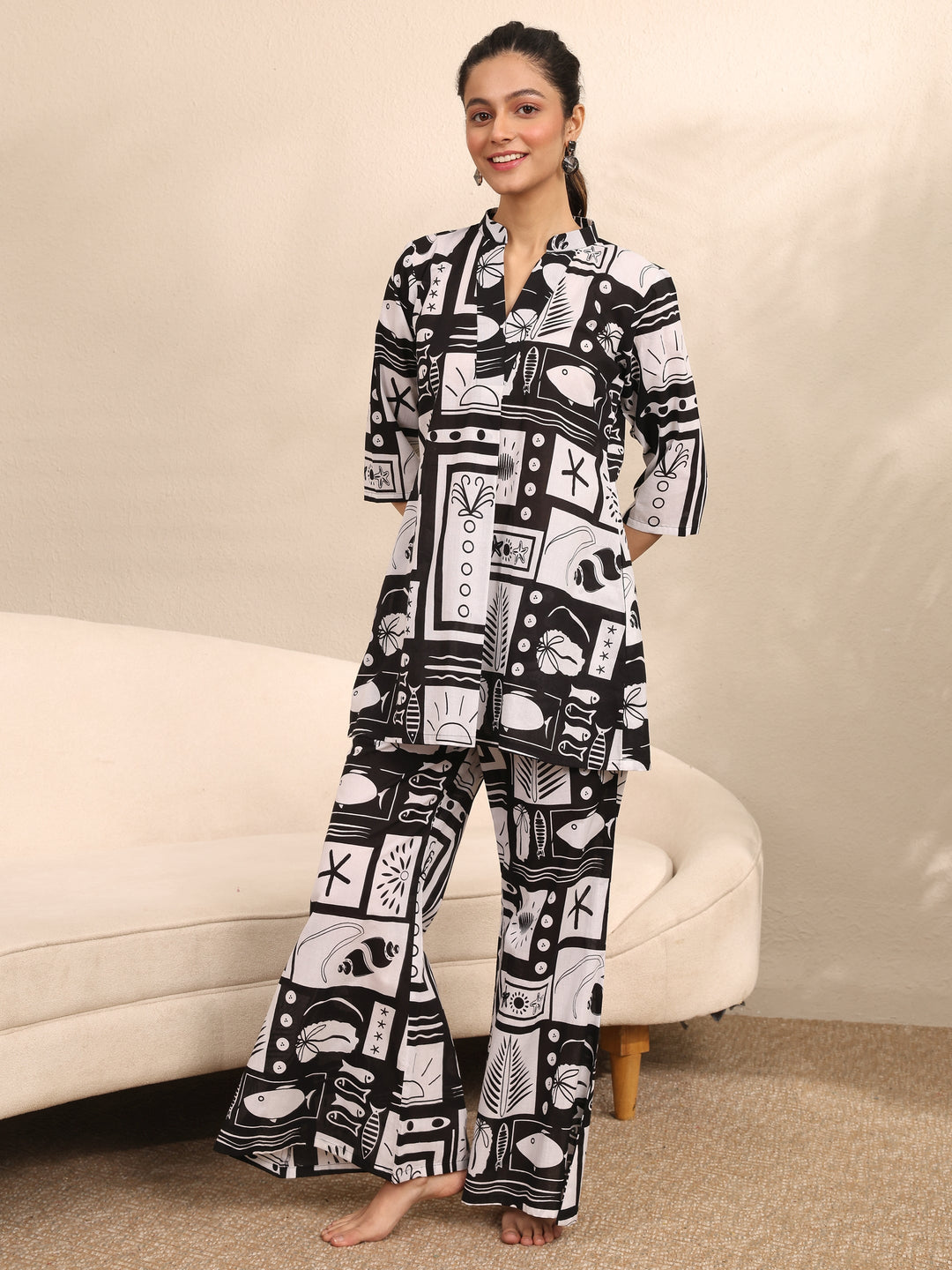 Black Printed Cotton Night Suit
