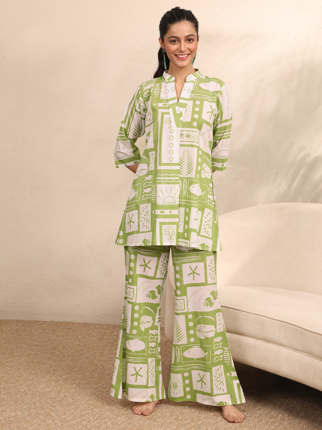 Green Printed Cotton Night Suit