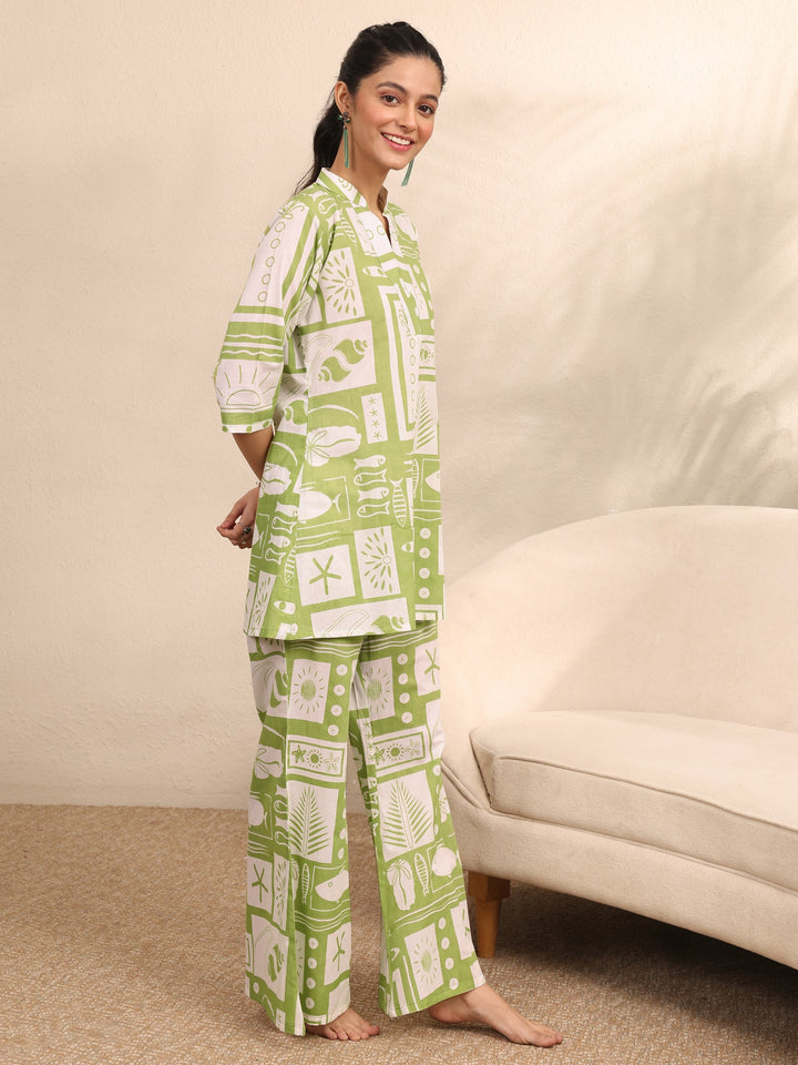 Green Printed Cotton Night Suit