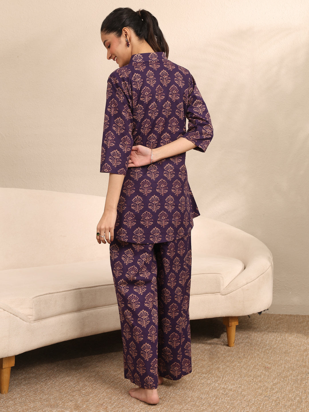 Purple Printed Cotton Night Suit
