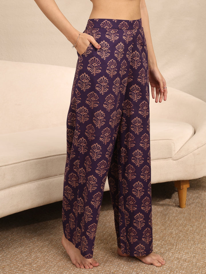 Purple Printed Cotton Night Suit