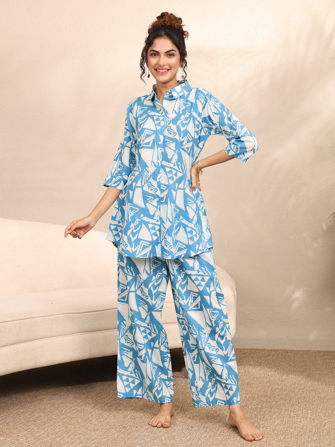 Blue Printed Cotton Night Suit