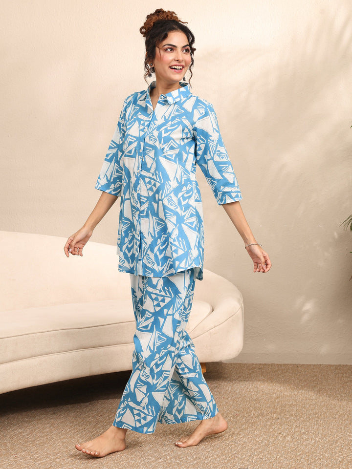 Blue Printed Cotton Night Suit