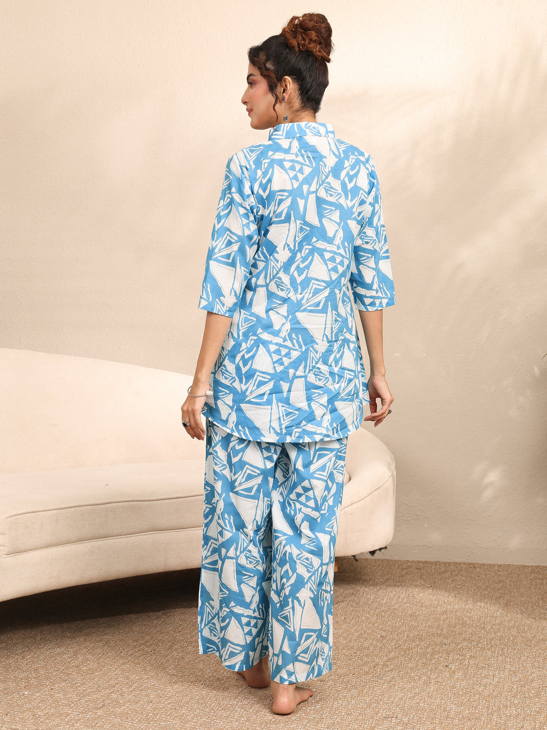 Blue Printed Cotton Night Suit