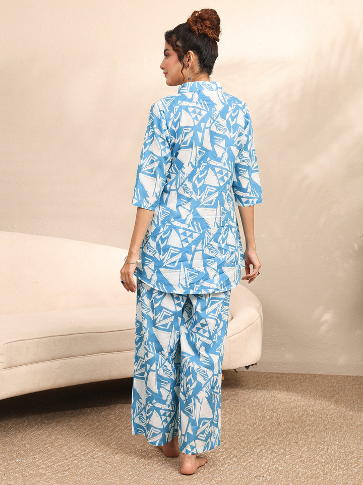 Blue Printed Cotton Night Suit