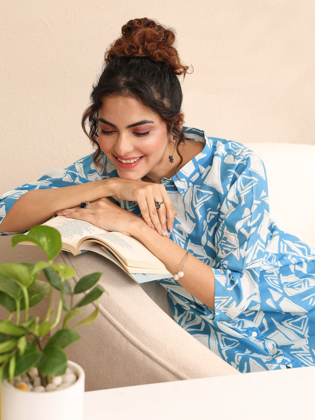 Blue Printed Cotton Night Suit