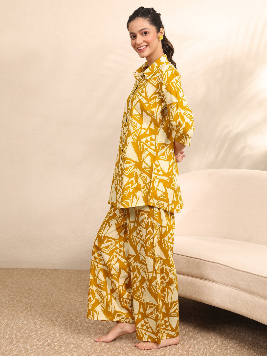 Mustard Printed Cotton Night Suit
