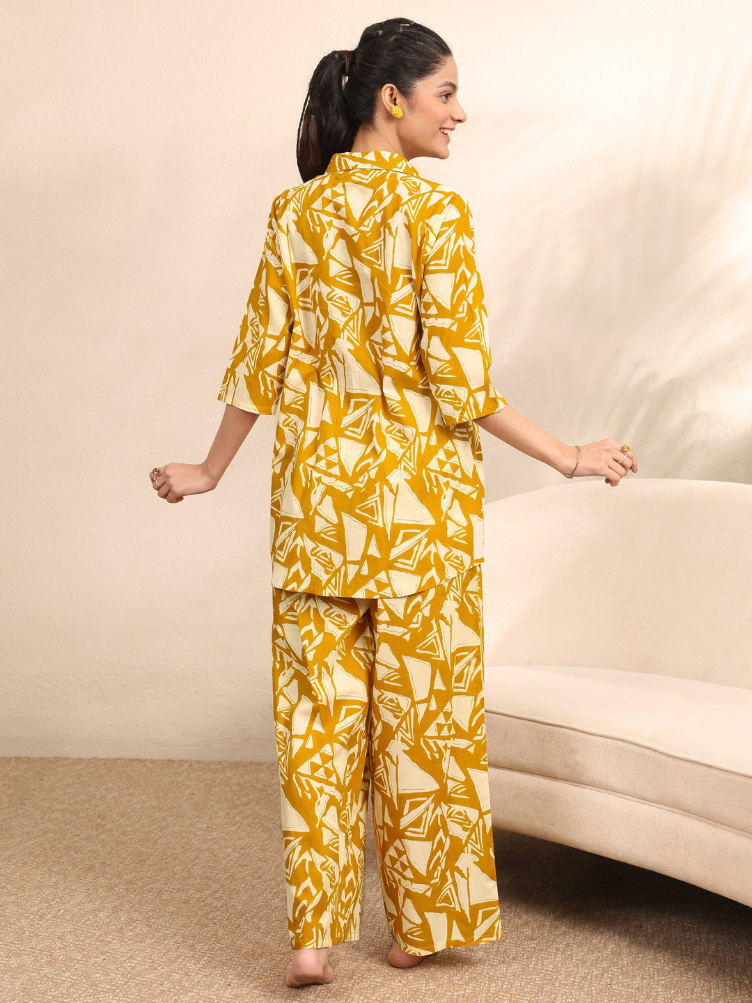 Mustard Printed Cotton Night Suit