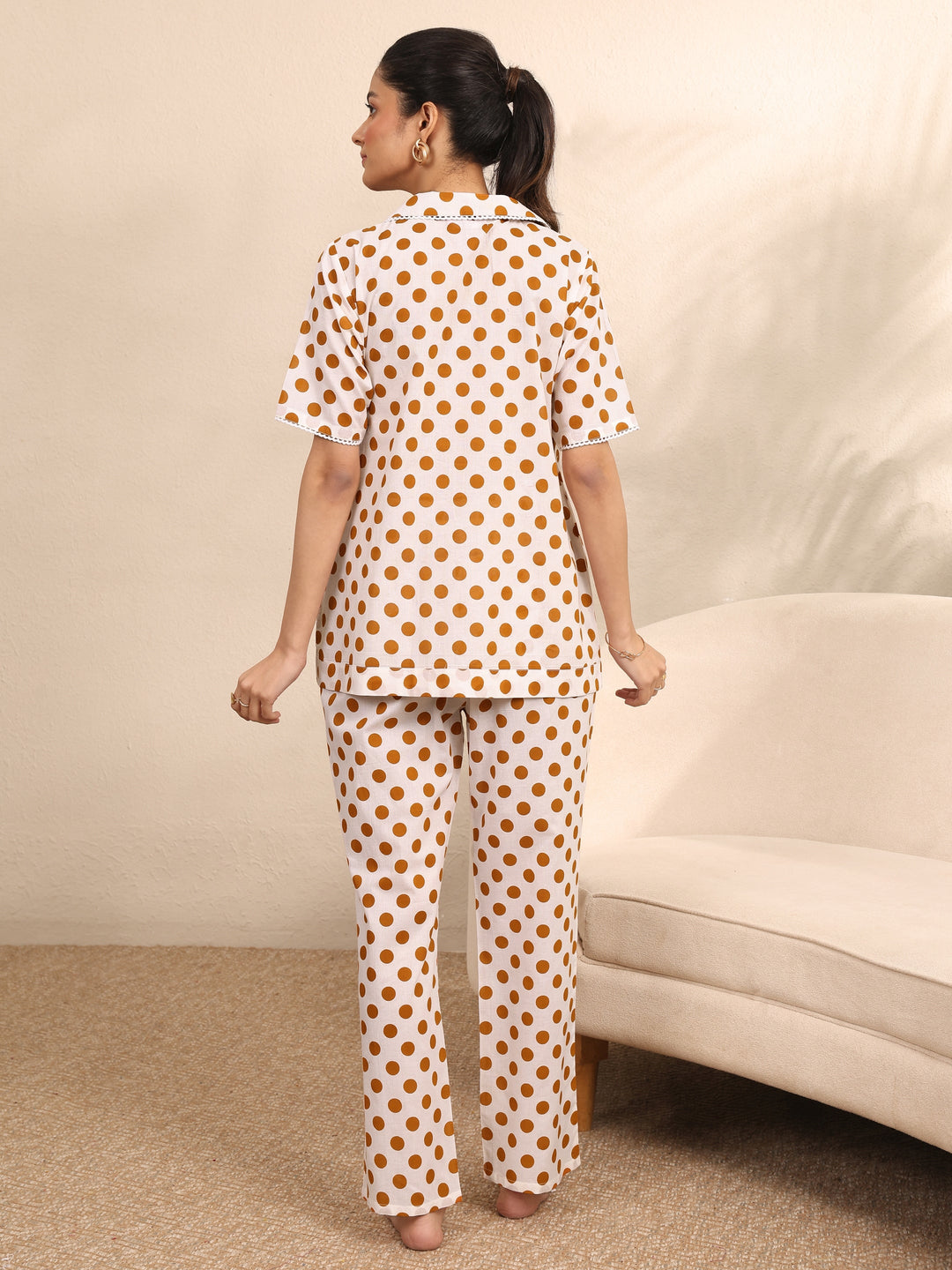 Off White Printed Cotton Night Suit