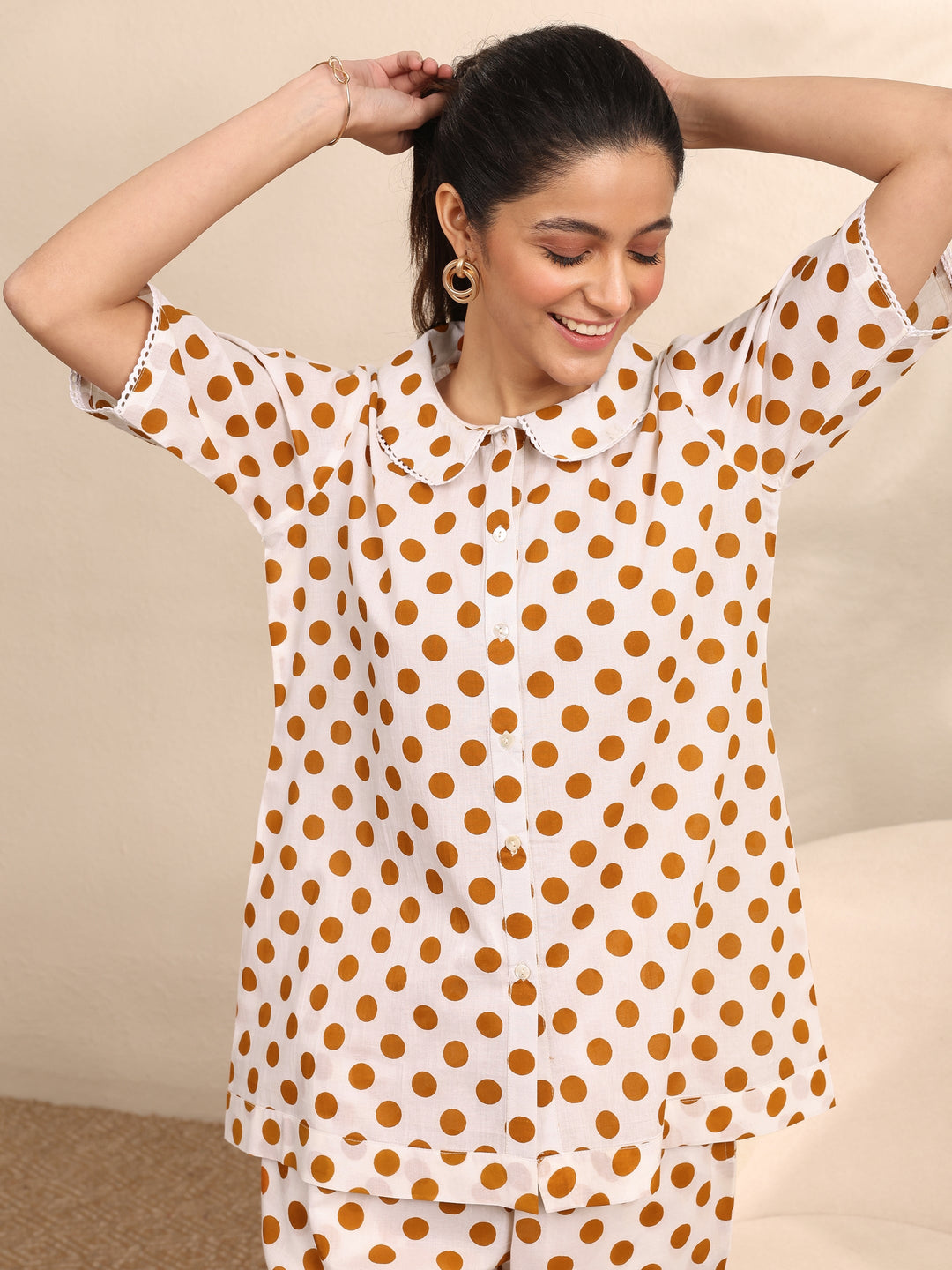 Off White Printed Cotton Night Suit
