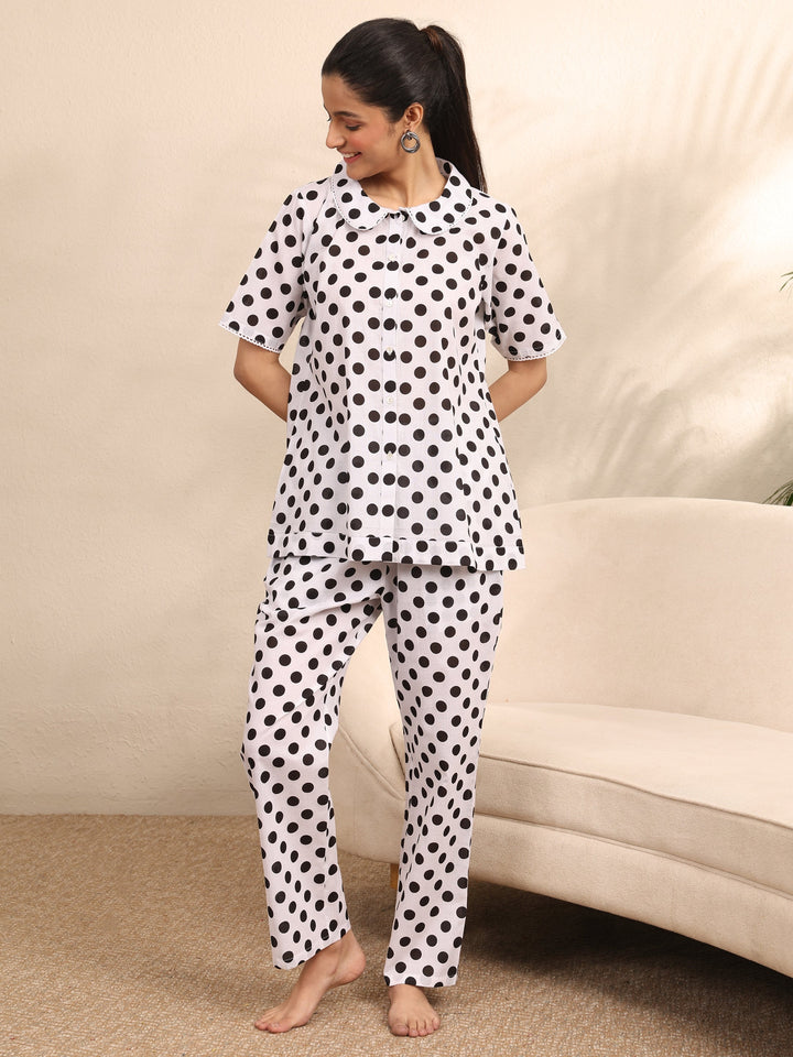 Off White Printed Cotton Night Suit