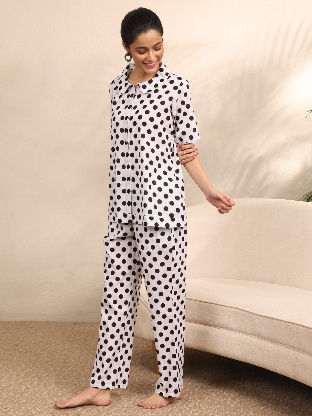 Off White Printed Cotton Night Suit