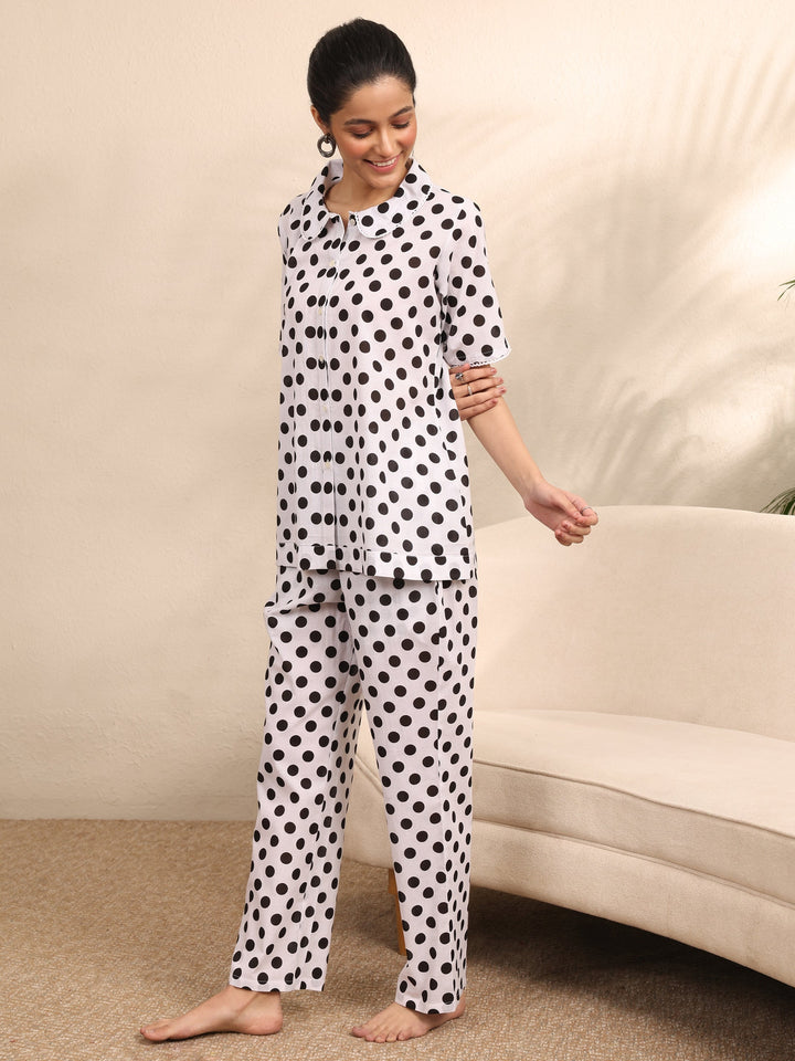 Off White Printed Cotton Night Suit