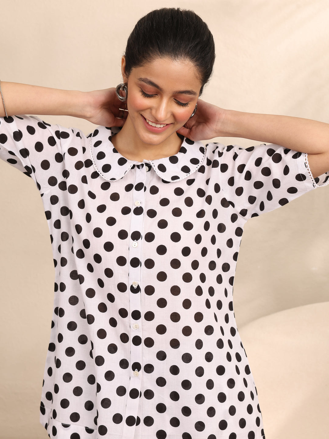 Off White Printed Cotton Night Suit