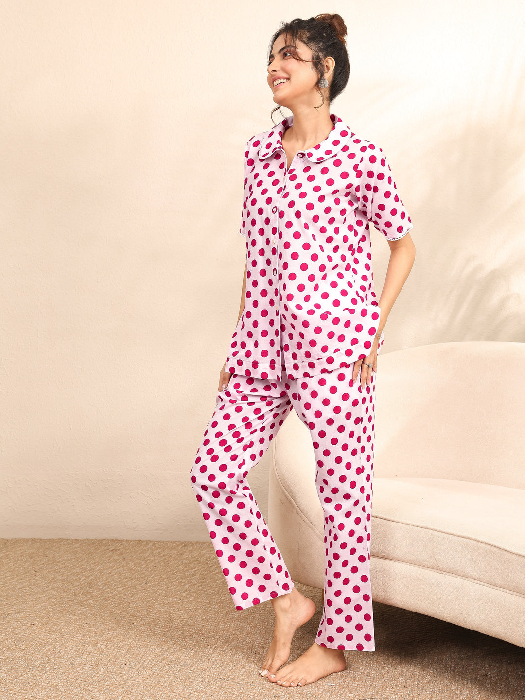 Off White Printed Cotton Night Suit