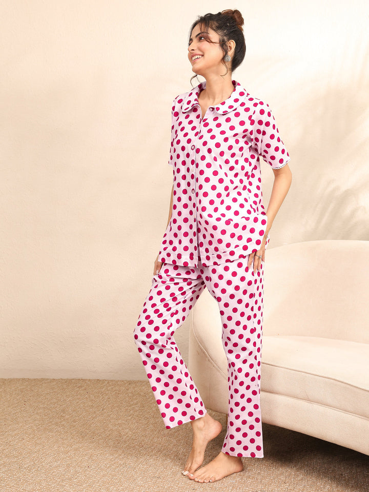Off White Printed Cotton Night Suit