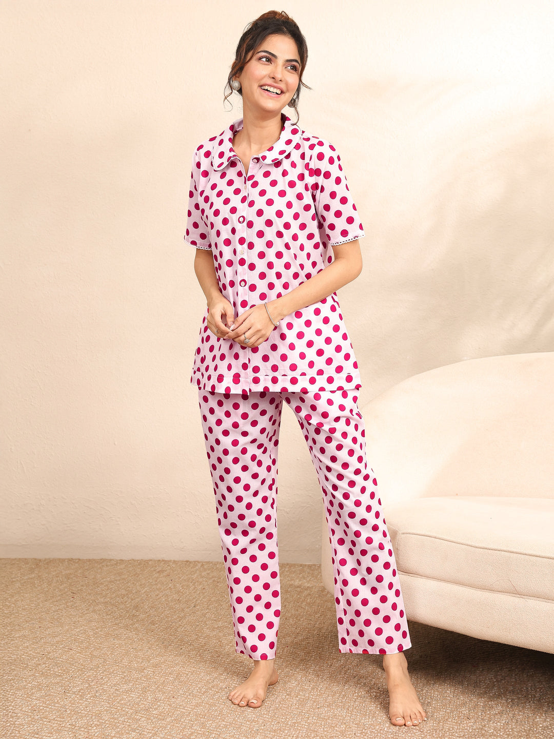 Off White Printed Cotton Night Suit