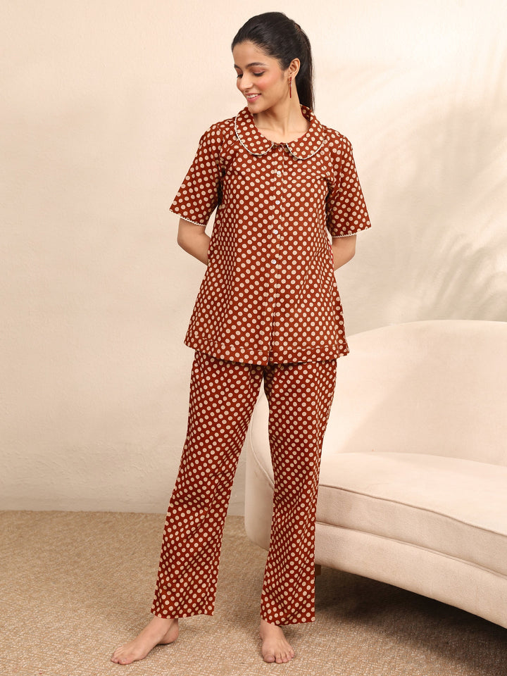 Rust Printed Cotton Night Suit