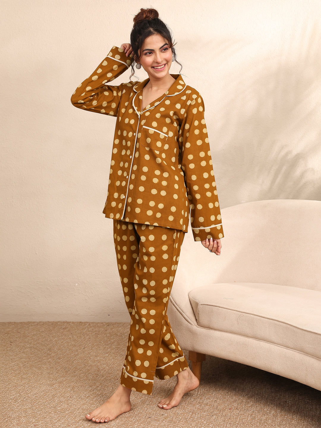 Mustard Printed Cotton Night Suit