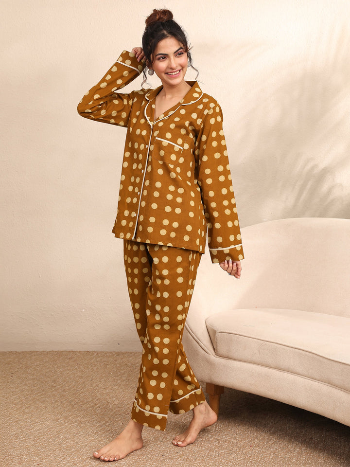 Mustard Printed Cotton Night Suit