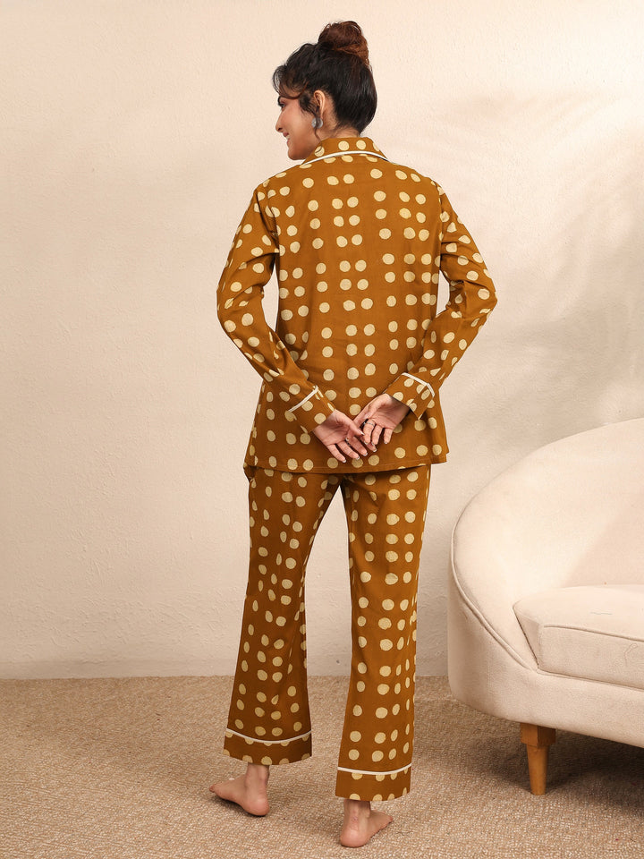 Mustard Printed Cotton Night Suit
