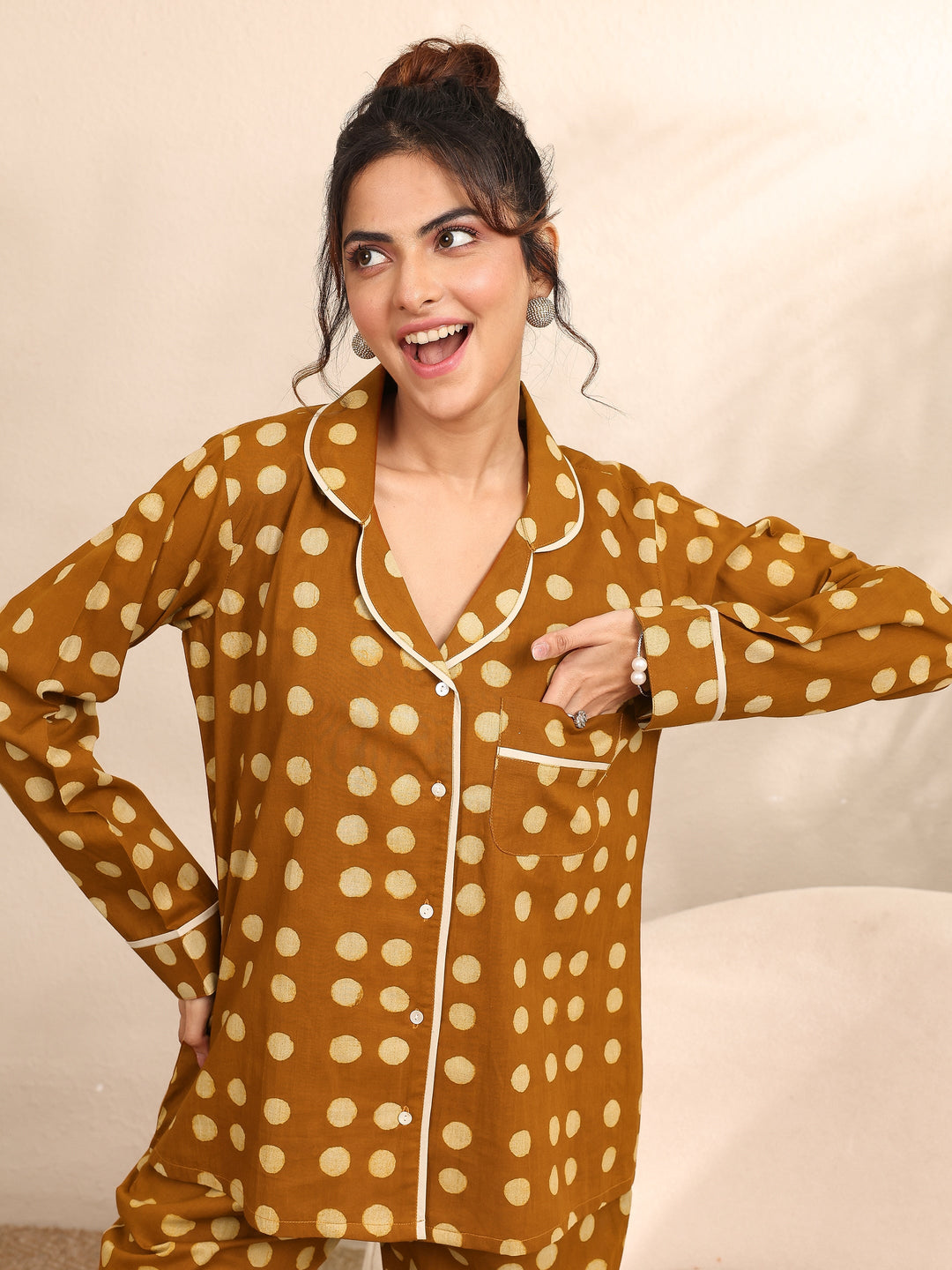 Mustard Printed Cotton Night Suit