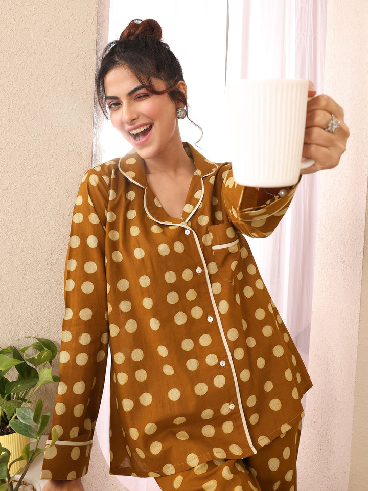 Mustard Printed Cotton Night Suit
