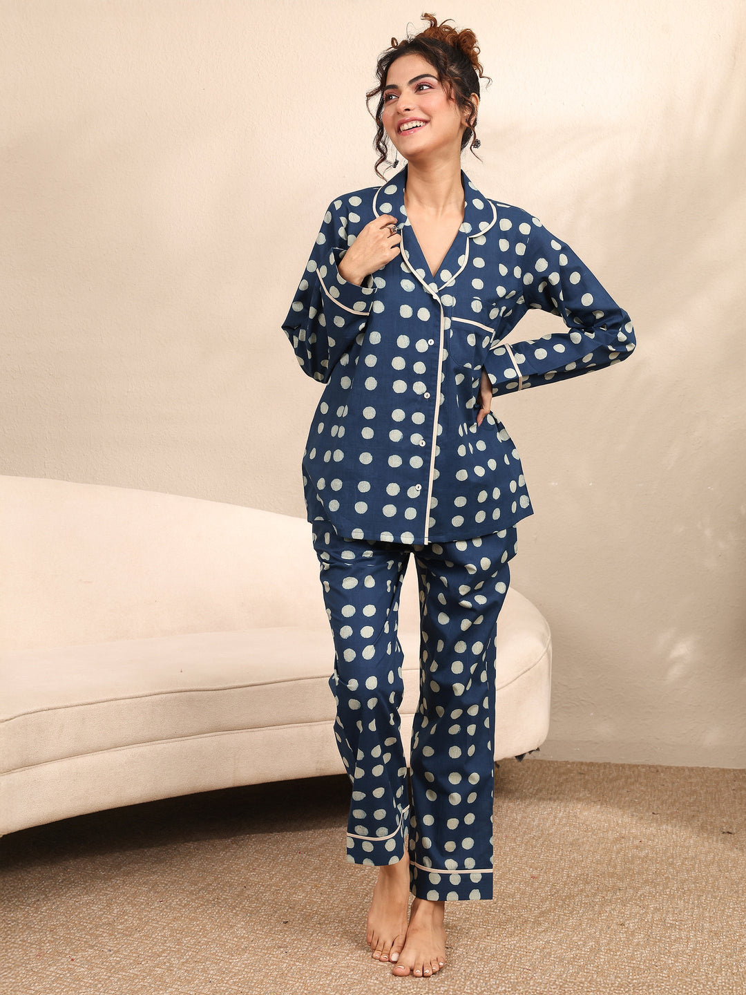 Blue Printed Cotton Night Suit